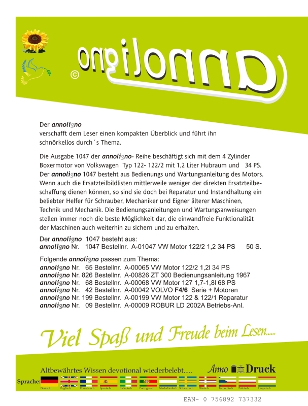 Volkswagen VW 4 Zyl. Boxermotor  Typ 122- 122/2 Bild- Bedienungsanleitung & Wartungsanleitung  -  annoligno 1047